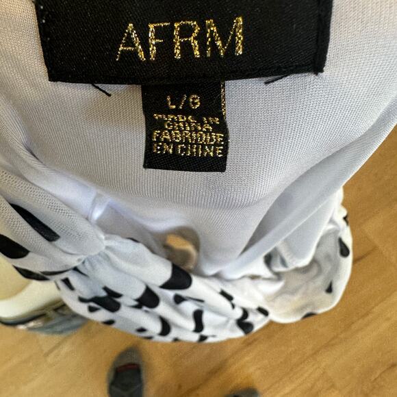 AFRM Black White Polkadot One Shoulder Mesh Top LARGE Ruched Sheer $48 - Picture 12 of 12